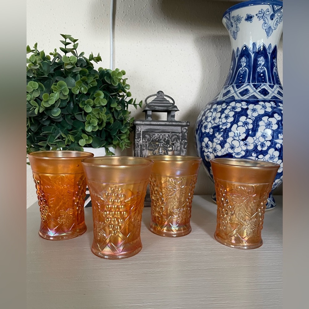 Antique Northwood Marigold Carnival Glass Grape Arbor Tumblers 1909-20 Set of 4